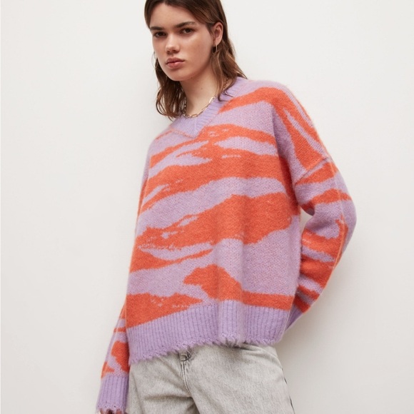NWT All Saints Tiga Mohair Wool Blend  V Neck Sweater in Lilac Orange XS - Picture 1 of 8